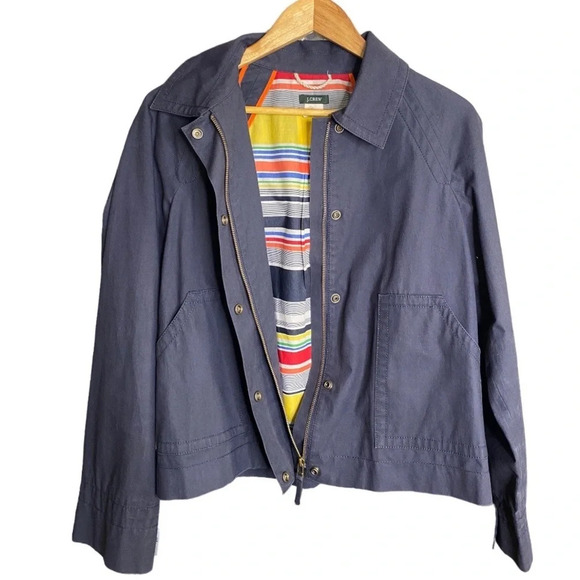 J. Crew Navy Blue Stripe Lined Cotton Nautical Rain Jacket Size Medium - Picture 8 of 8